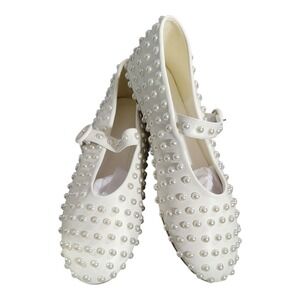 Pearl Studded Mary Jane Flats EU‎ 41 US 10 White Embellished Ballet Shoes NIOB